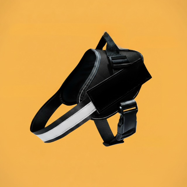 Black dog harness with reflective strip on a yellow background